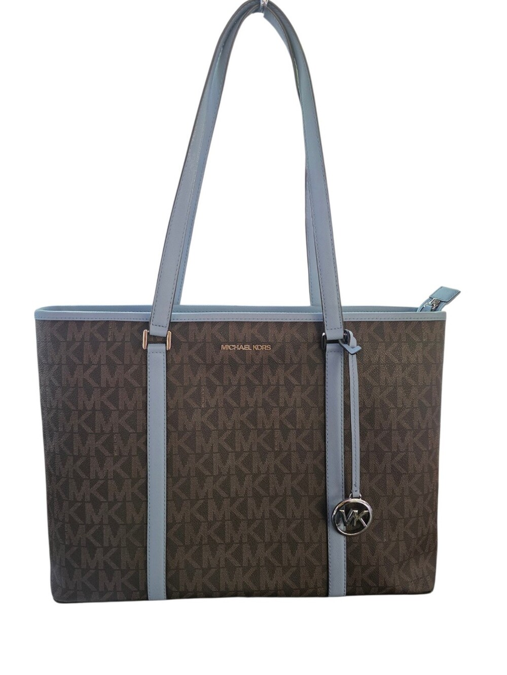 Michael Kors Brown MK Logo Tote with Light Blue Trim